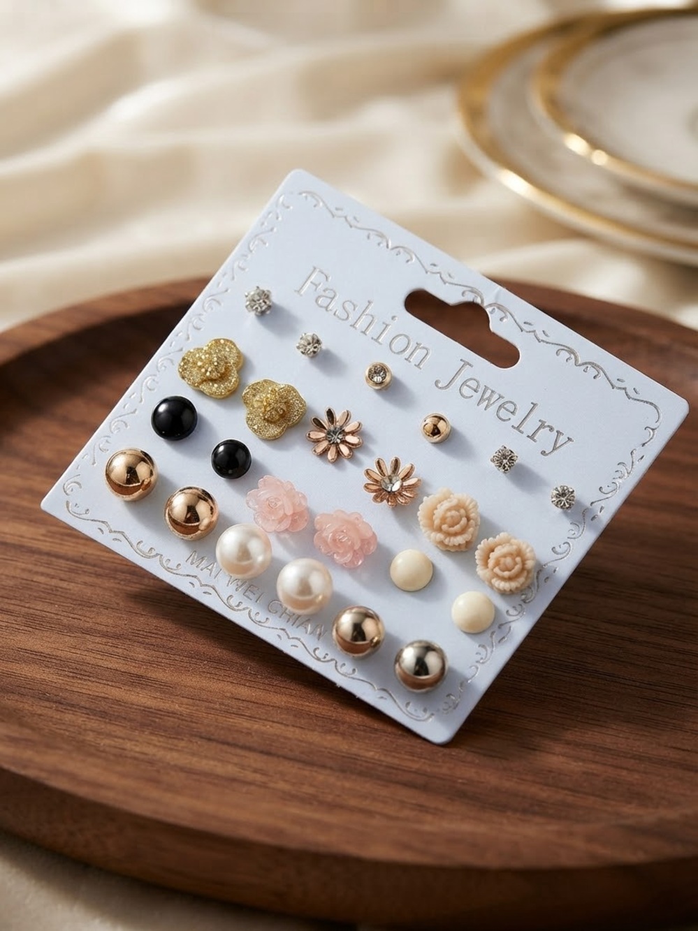 Fashion Jewelry Gold, Black, Pink, Pearl & Cream Mixed Stud Earring Set 12 unite